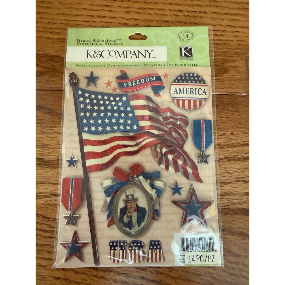 K&Company Grand Adhesions Americana Dimensional Stickers 14pc Patriotic USA Flag